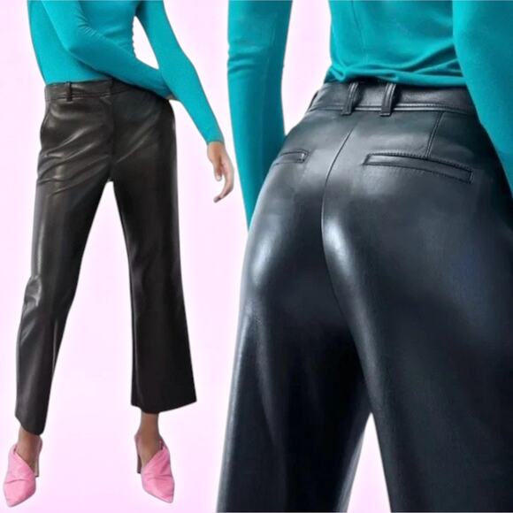 BABATON Aritzia Command Vegan Leather Straight Leg Cropped Pant Sz 0 Black - Picture 1 of 7